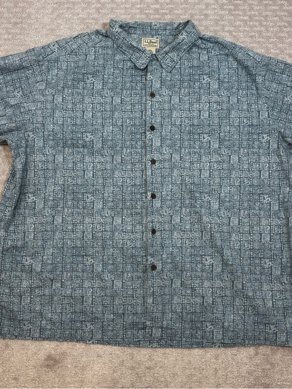 L.L. Bean Men's XXL Blue Tribal Design S/S Button Down HIEROGLYPHICS